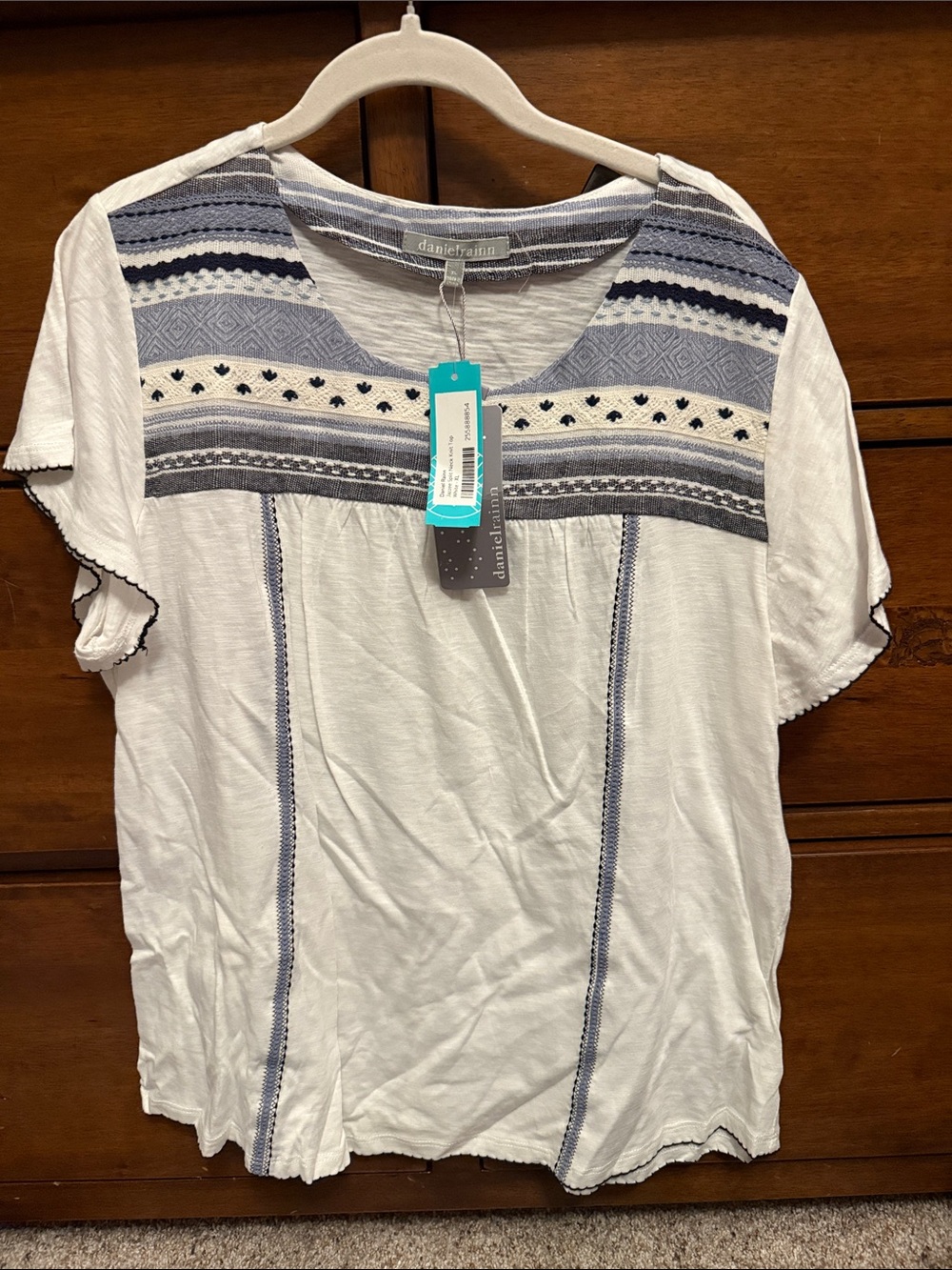 Daniel Rainn White Top with Blue Embroidered Yoke